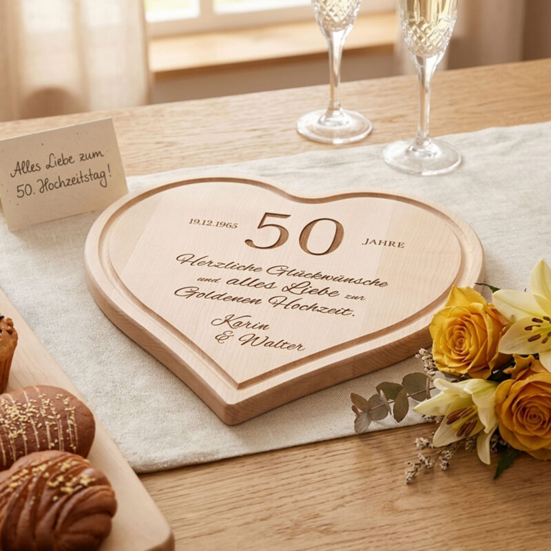 Herzbrett mit Gravur - Glückwünsche zur Goldhochzeit - Personalisiert