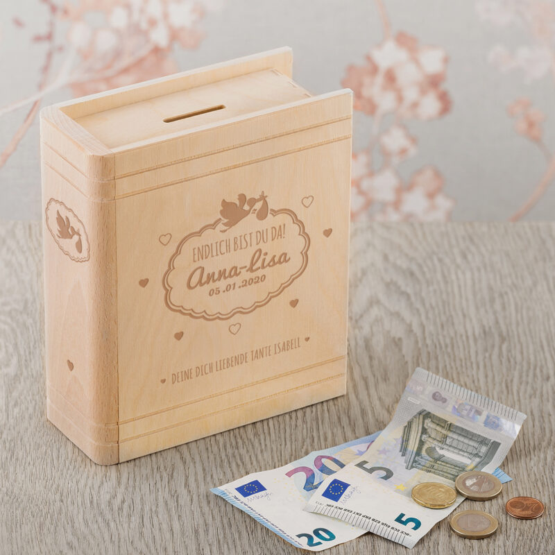 Bild von   spardose buch aus holz mit grajpg | Individuelle 🎁 persönliche 🎁 personalisierte Geschenke bedruckt ▪ bestickt ▪ graviert
