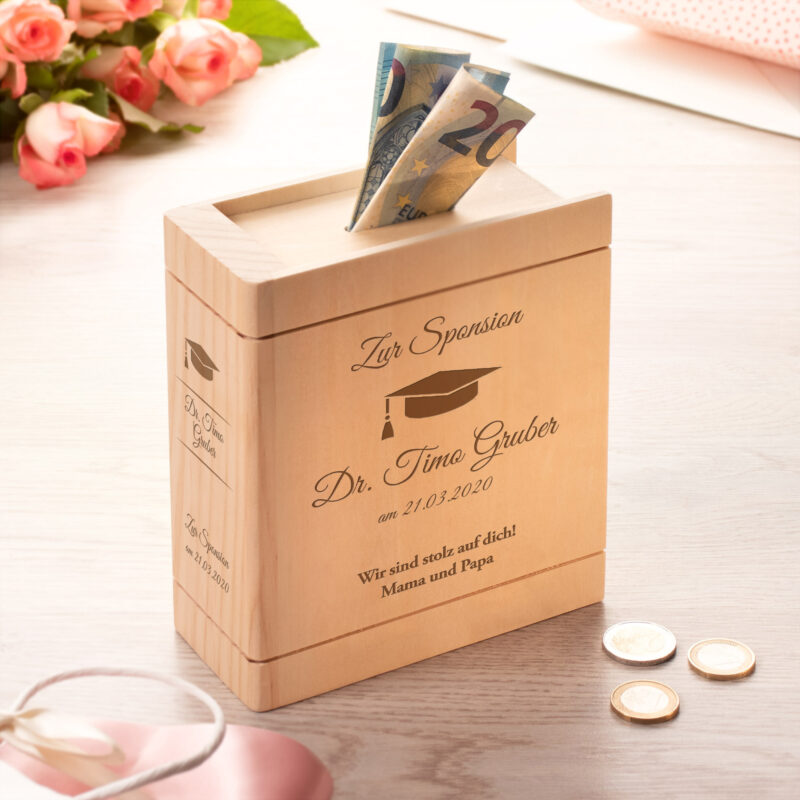 Bild von   spardose buch aus holz mit grajpg | Individuelle 🎁 persönliche 🎁 personalisierte Geschenke bedruckt ▪ bestickt ▪ graviert