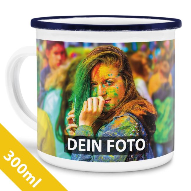 Bild von   emailletasse weiss rand blaujpg | Individuelle 🎁 persönliche 🎁 personalisierte Geschenke bedruckt ▪ bestickt ▪ graviert