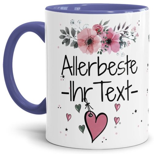 Tasse mit schnem Blumenmotiv - Allerbeste Ihr WUNSCHNAME rosa - Innen & Henkel Cambridge Blau