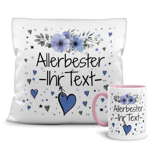 Geschenk-Set aus Tasse und Kissen mit schnem Blumenmotiv - Allerbeste Familienmitglieder Allerbester WUNSCHNAME blau Kissen weiß - Tasse rosa