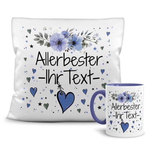 Geschenk-Set aus Tasse und Kissen mit schnem Blumenmotiv - Allerbeste Familienmitglieder Allerbester WUNSCHNAME blau Kissen weiß - Tasse blau