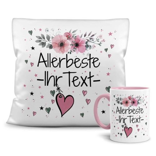 Geschenk-Set aus Tasse und Kissen mit schnem Blumenmotiv - Allerbeste Familienmitglieder Allerbeste WUNSCHNAME rosa Kissen weiß - Tasse rosa