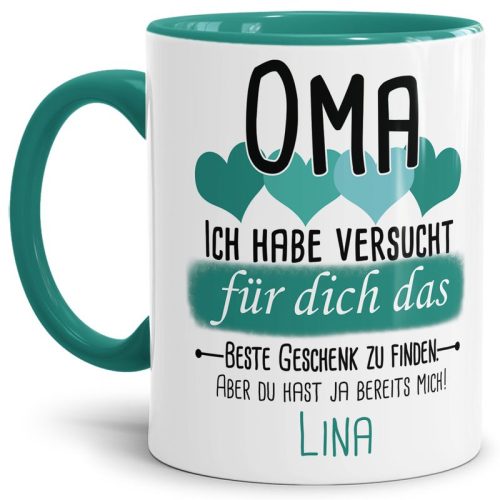Tasse von WUNSCHNAME - Fr Oma von einem Kind - Innen & Henkel Türkis