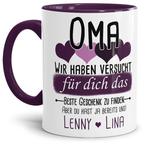 Tasse von WUNSCHNAMEN - Fr Oma von mehr Kindern - Innen & Henkel Violett