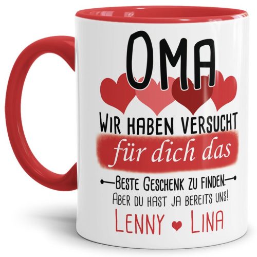 Tasse von WUNSCHNAMEN - Fr Oma von mehr Kindern - Innen & Henkel Rot