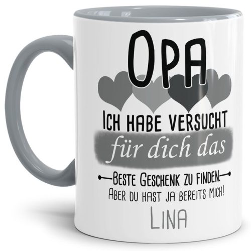 Tasse von WUNSCHNAME - Fr Opa von einem Kind - Innen & Henkel Grau
