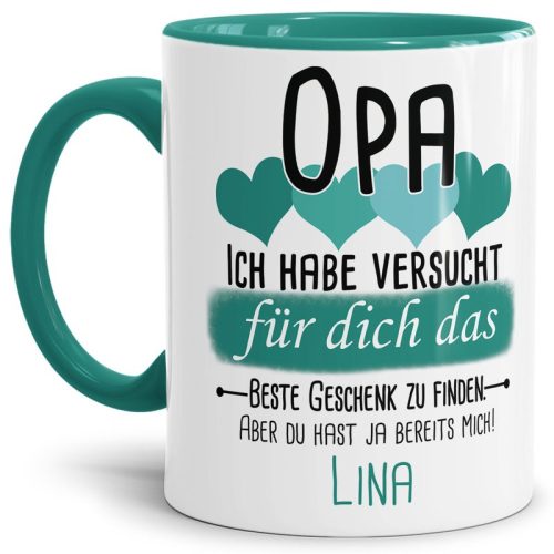 Tasse von WUNSCHNAME - Fr Opa von einem Kind - Innen & Henkel Türkis