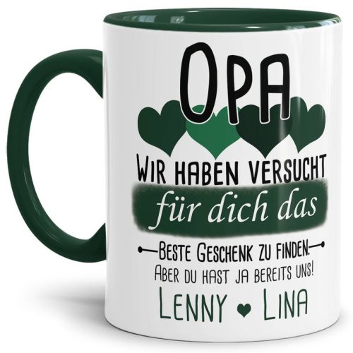 Tasse von WUNSCHNAMEN - Fr Opa von mehr Kindern - Innen & Henkel Dunkelgrün