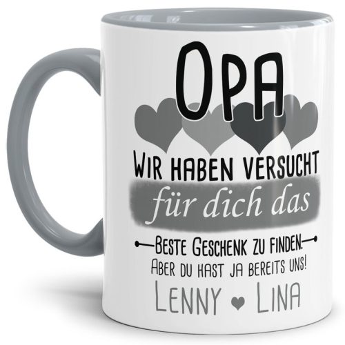 Tasse von WUNSCHNAMEN - Fr Opa von mehr Kindern - Innen & Henkel Grau