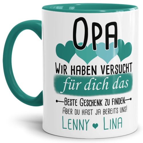 Tasse von WUNSCHNAMEN - Fr Opa von mehr Kindern - Innen & Henkel Türkis