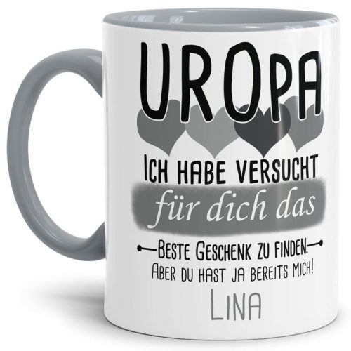 Tasse von WUNSCHNAME - Fr Uropa von einem Kind - Innen & Henkel Grau