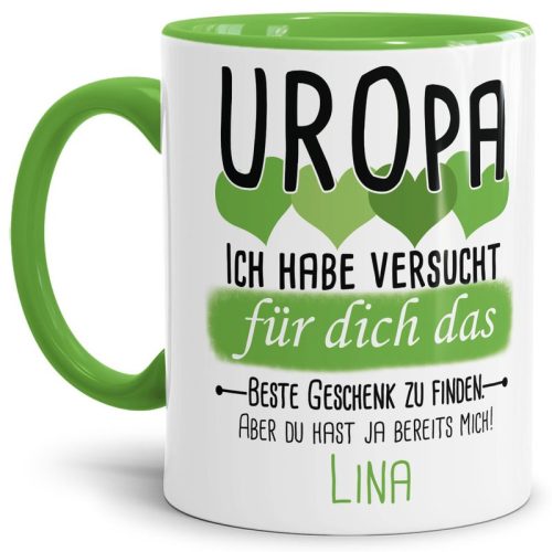 Tasse von WUNSCHNAME - Fr Uropa von einem Kind - Innen & Henkel Hellgrün