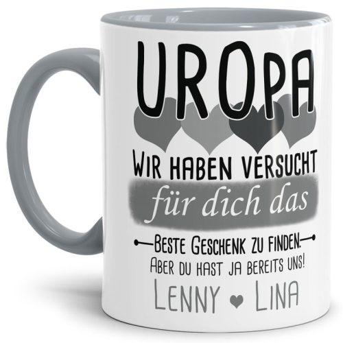 Tasse von WUNSCHNAMEN - Fr Uropa von mehr Kindern - Innen & Henkel Grau
