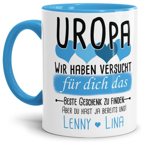 Tasse von WUNSCHNAMEN - Fr Uropa von mehr Kindern - Innen & Henkel Hellblau