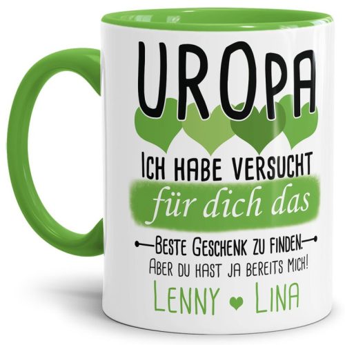 Tasse von WUNSCHNAMEN - Fr Uropa von mehr Kindern - Innen & Henkel Hellgrün