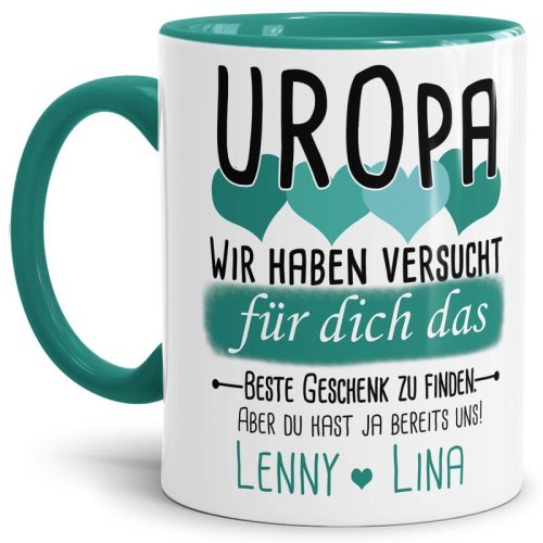 Tasse von WUNSCHNAMEN - Fr Uropa von mehr Kindern - Innen & Henkel Türkis