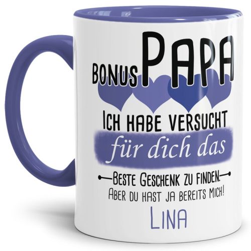 Tasse von WUNSCHNAME - Fr Bonus-Papa von einem Kind - Innen & Henkel Cambridge Blau