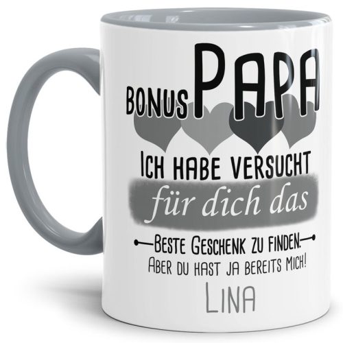 Tasse von WUNSCHNAME - Fr Bonus-Papa von einem Kind - Innen & Henkel Grau