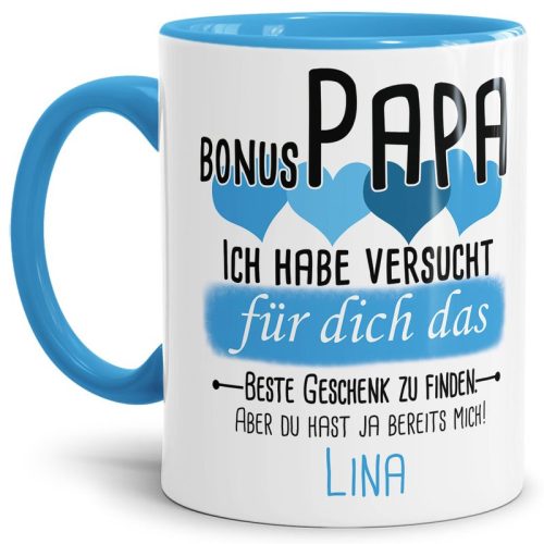Tasse von WUNSCHNAME - Fr Bonus-Papa von einem Kind - Innen & Henkel Hellblau