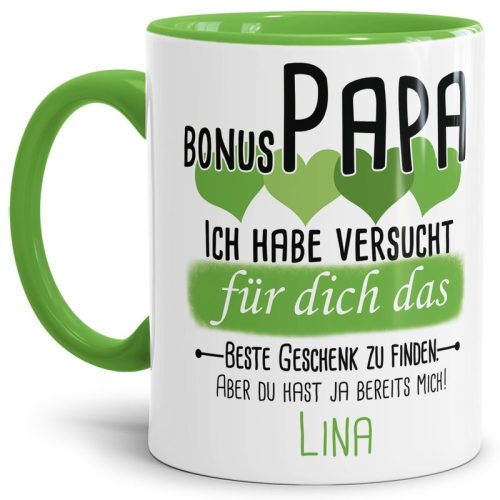 Tasse von WUNSCHNAME - Fr Bonus-Papa von einem Kind - Innen & Henkel Hellgrün
