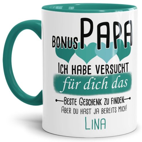 Tasse von WUNSCHNAME - Fr Bonus-Papa von einem Kind - Innen & Henkel Türkis