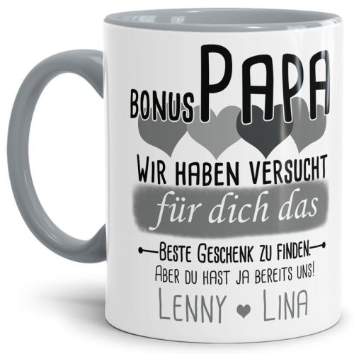 Tasse von WUNSCHNAMEN - Fr Bonus-Papa von mehr Kindern - Innen & Henkel Grau