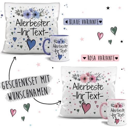 Geschenk-Set - Namenstasse plus Kissen - Allerbeste/r WUNSCHNAME