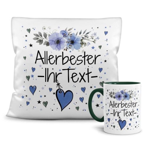 Geschenk-Set - Namenstasse plus Kissen mit WUNSCHNAME männlich - Allerbester - Tasse dunkelgrün - Kissen weiß