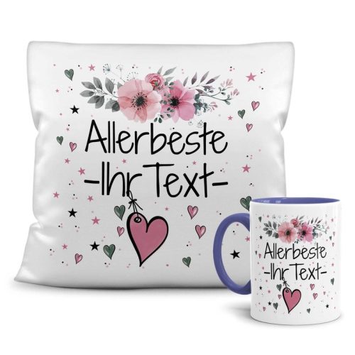 Geschenk-Set - Namenstasse plus Kissen mit WUNSCHNAME weiblich - Allerbeste - Tasse blau - Kissen weiß