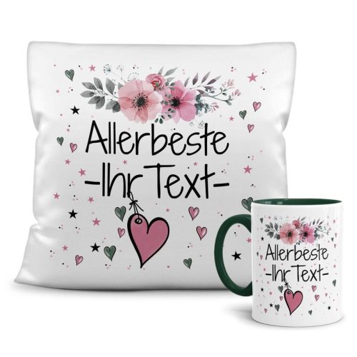 Geschenk-Set - Namenstasse plus Kissen mit WUNSCHNAME weiblich - Allerbeste - Tasse dunkelgrün - Kissen weiß