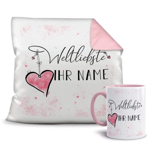 Geschenk-Set Namenstasse plus Kissen mit WUNSCHNAME weiblich - Weltliebste - Rosa