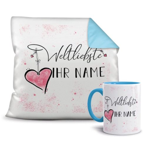 Geschenk-Set Namenstasse plus Kissen mit WUNSCHNAME weiblich - Weltliebste - Hellblau