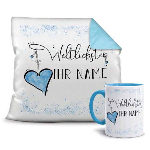 Geschenk-Set Namenstasse plus Kissen mit WUNSCHNAME männlich - Weltliebster - Hellblau