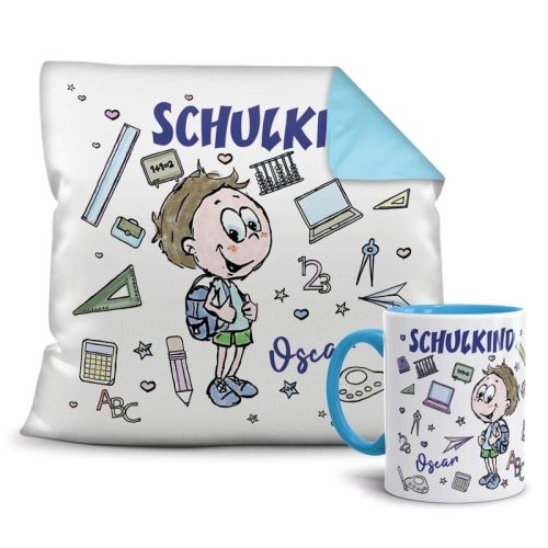 Geschenk-Set - Schulkind Junge - Ihr Wunschname - Tasse & Farbkissen Hellblau