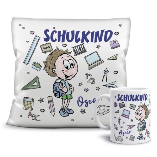 Geschenk-Set - Schulkind Junge - Ihr Wunschname - Tasse & Kissen Weiss