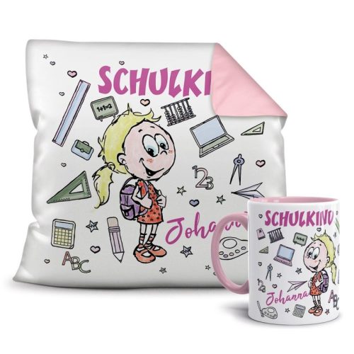 Geschenk-Set - Schulkind Mädchen - Ihr Wunschname - Tasse & Farbkissen Rosa