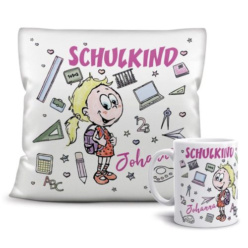 Geschenk-Set - Schulkind Mädchen - Ihr Wunschname - Tasse & Kissen Weiss