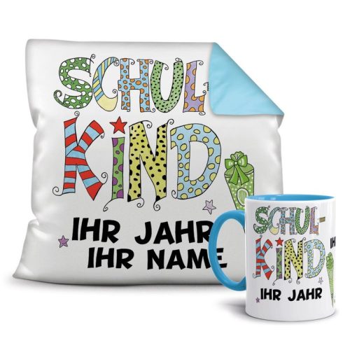 Geschenk-Set - Schulkind Junge - Ihr Wunschname und Jahr -Tasse & Farbkissen Hellblau