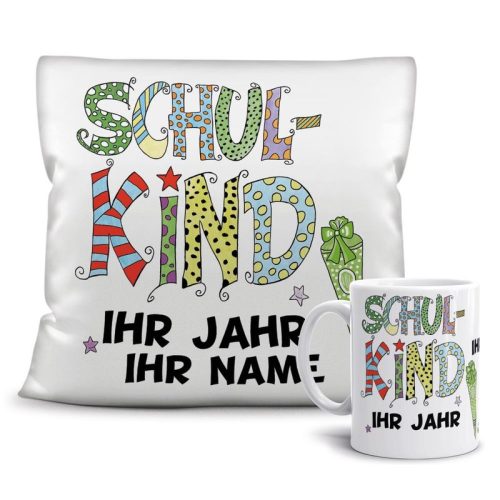 Geschenk-Set - Schulkind Junge - Ihr Wunschname und Jahr - Tasse & Kissen Weiss