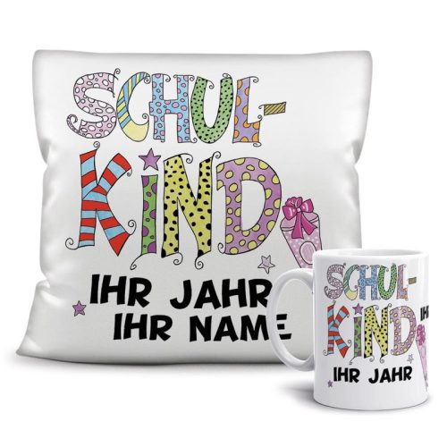 Geschenk-Set - Schulkind Mädchen - Ihr Wunschname und Jahr - Tasse & Kissen Weiss