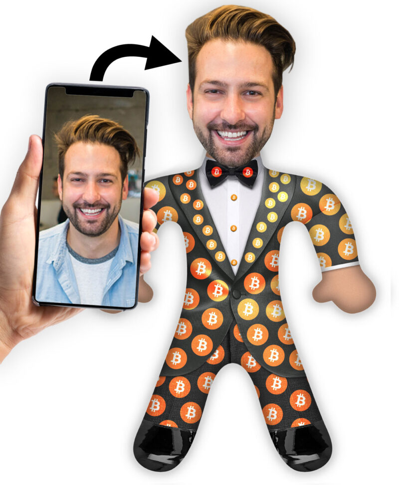 Bild von   du als bitcoin man stoffpuppejpg | Individuelle 🎁 persönliche 🎁 personalisierte Geschenke bedruckt ▪ bestickt ▪ graviert