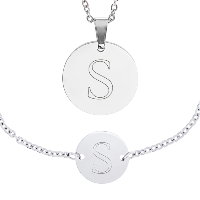 Set - Kette und Armkettchen mit rundem Anhänger - Initial - Silber