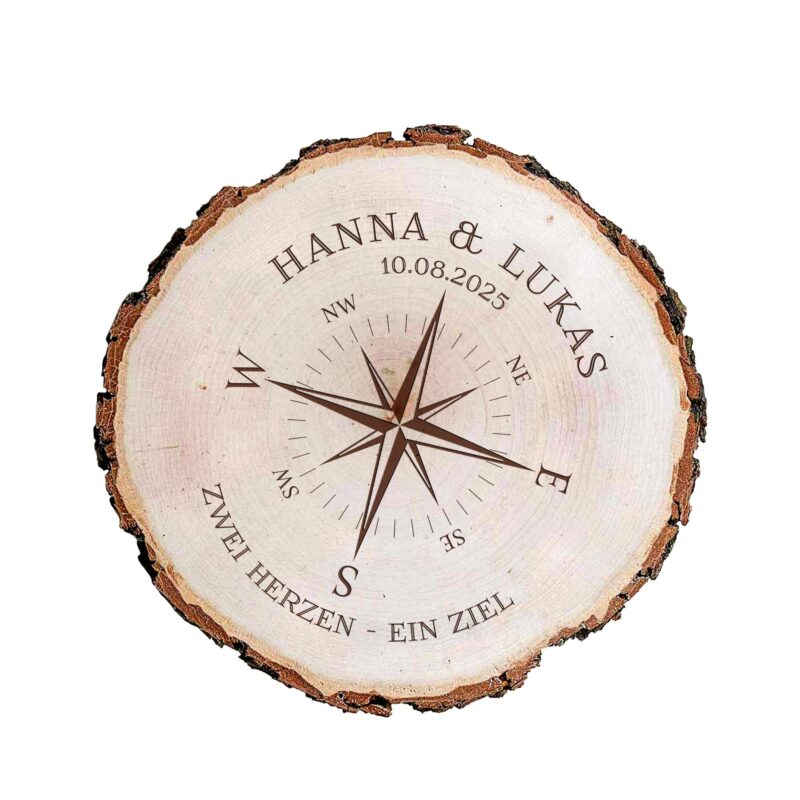 Bild von   baumscheibe mit gravur kompassjpg | Individuelle 🎁 persönliche 🎁 personalisierte Geschenke bedruckt ▪ bestickt ▪ graviert