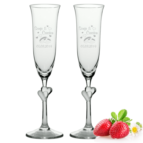 Sektgläser-Set Herzen Motiv: Ringe mit Herzen