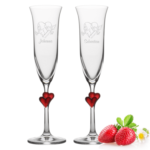 Sektgläser-Set Herzen rot Motiv Tauben