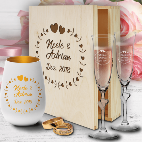 Hochzeit Sektgläser und Windlicht graviert in Holzkiste- Herzkreis