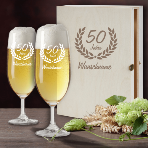 Personalisiertes Bierglas Geschenk-Set mit Holzkiste zum 50....