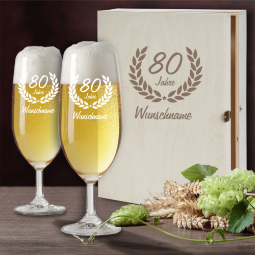 Personalisiertes Bierglas Geschenk-Set mit Holzkiste zum 80....
